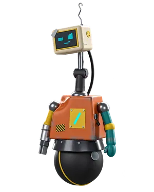 Scraps, my orange robot character with a monitor head and mismatched arms.