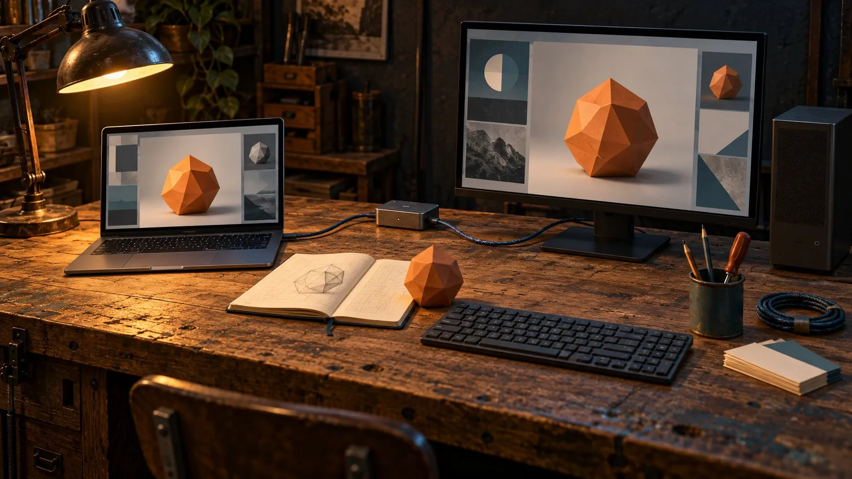 A laptop and a desktop computer on one workbench show the same project, beside its paper sketch and a small physical model.