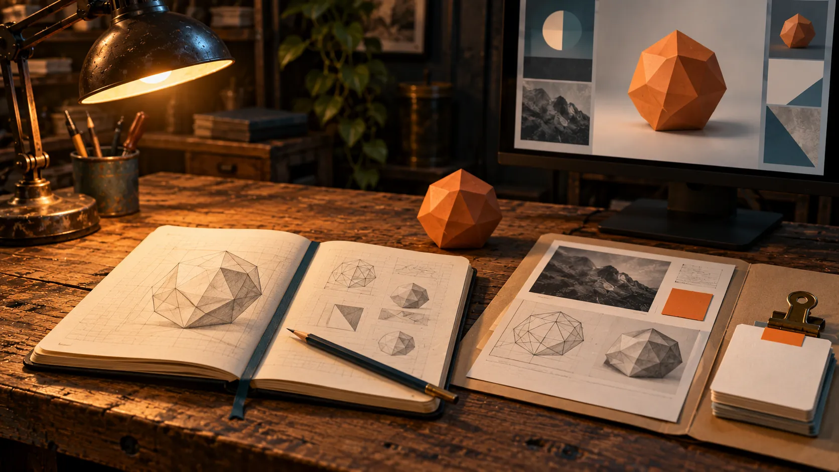 A bookmarked notebook, project sketches and a matching screen keep the work ready to resume.