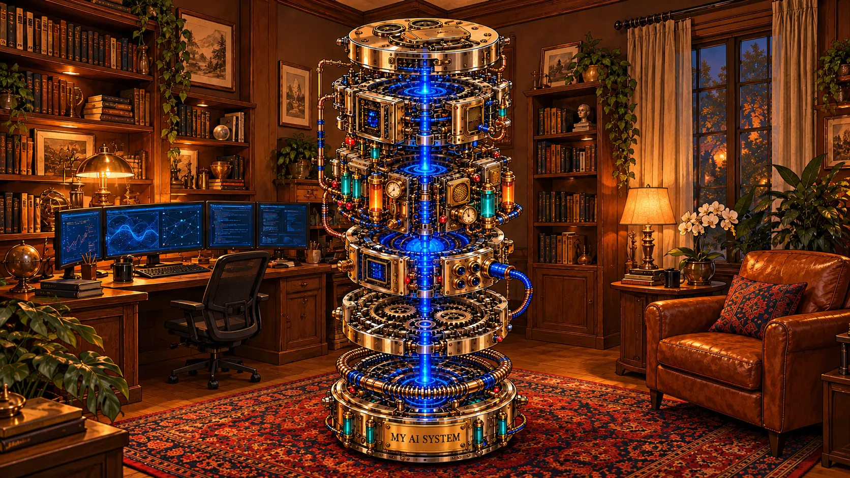 An imagined brass machine glowing with blue light, standing in a study with a desk and monitors, with a brass plate reading MY AI SYSTEM.