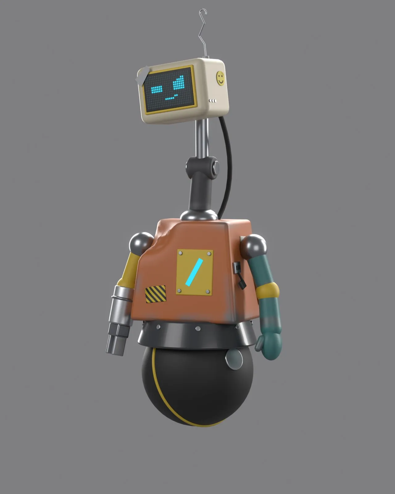 Scraps, a robot with a monitor head, mismatched arms and a rolling ball.
