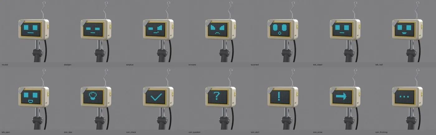 A reference sheet showing Scraps’s five expressions, three talking states and six explainer symbols.