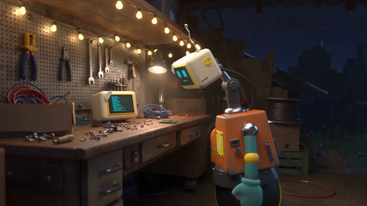 Scraps, a small robot with a cream monitor head and an orange body, looking over a warmly lit workbench of tools and parts.