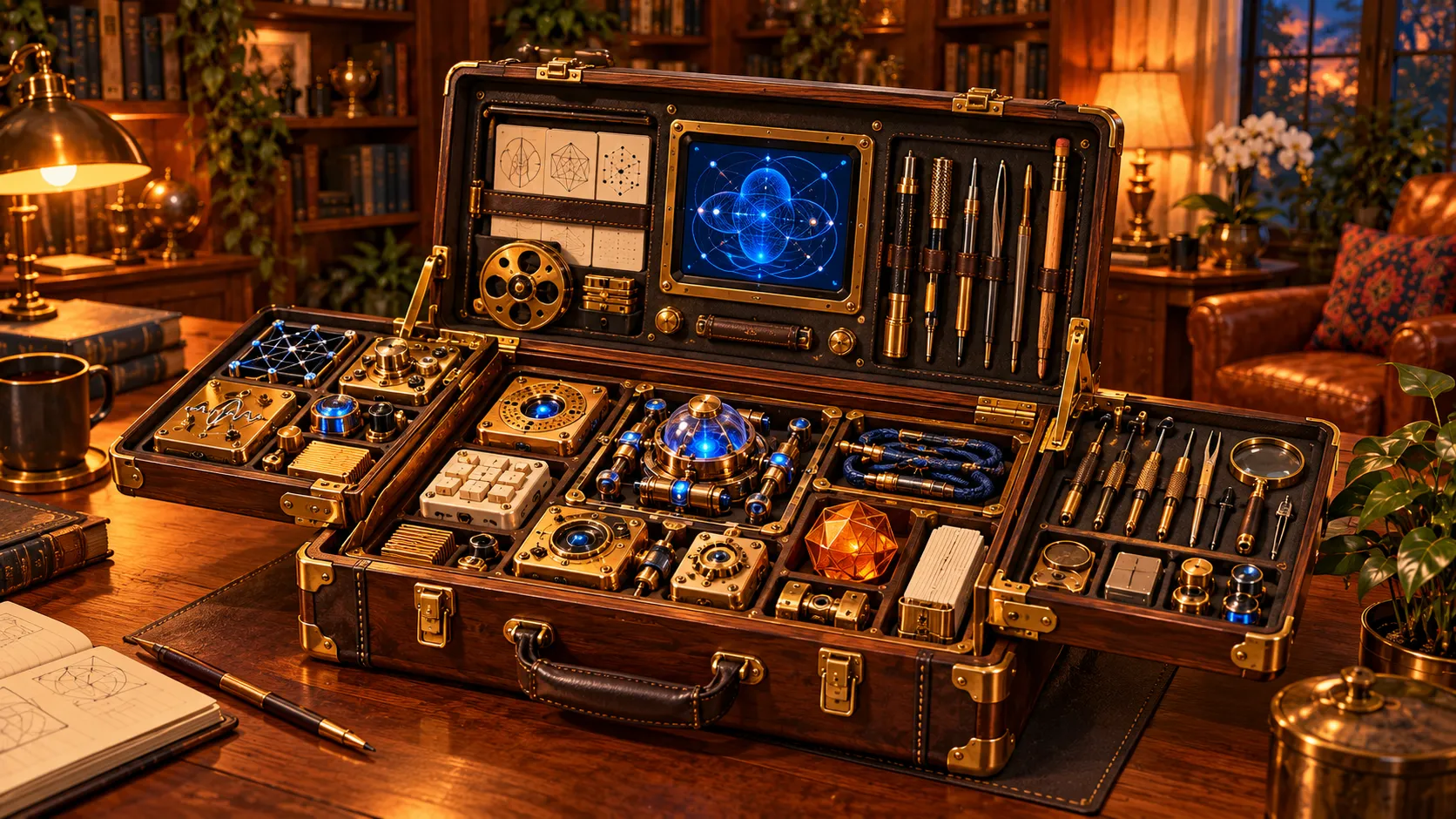 An imagined brass-and-walnut toolkit opens on a desk in a warmly lit library office.