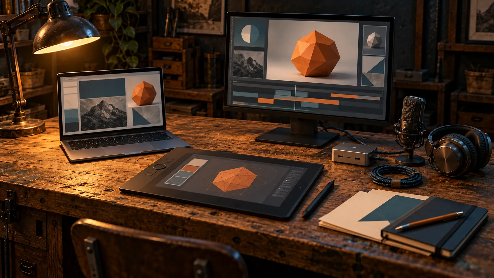 A warm workshop desk brings together computing, drawing, audio and project tools.