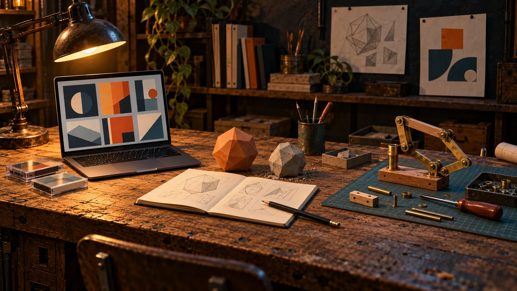 A warm workshop bench holds visual studies, unfinished sculptures and a small mechanical experiment.